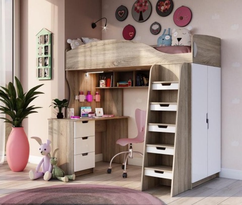 Детская Кровать-Чердак Сэнди Дуб Сонома/Белый Глянец (Д-1235 х В-1820 х Г-2038 мм)